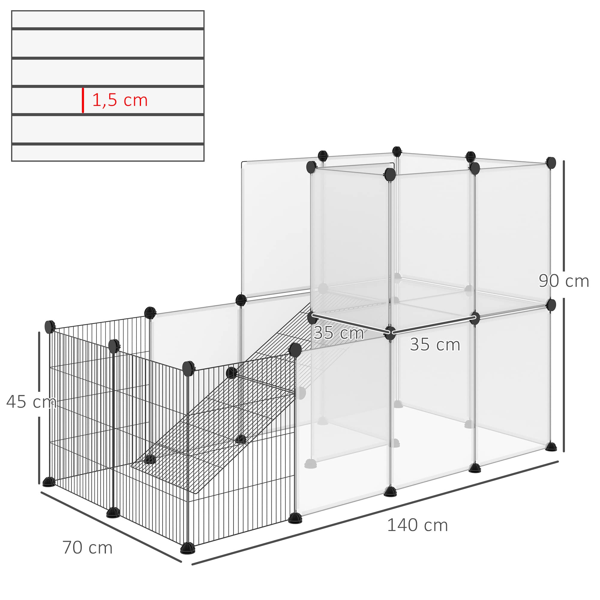 PawHut Jaula para Animales Pequeños Parque para Mascotas con 27 Paneles y Forma Personalizable para Cobayas Conejos Chinchillas 140x70x90 cm Transparente