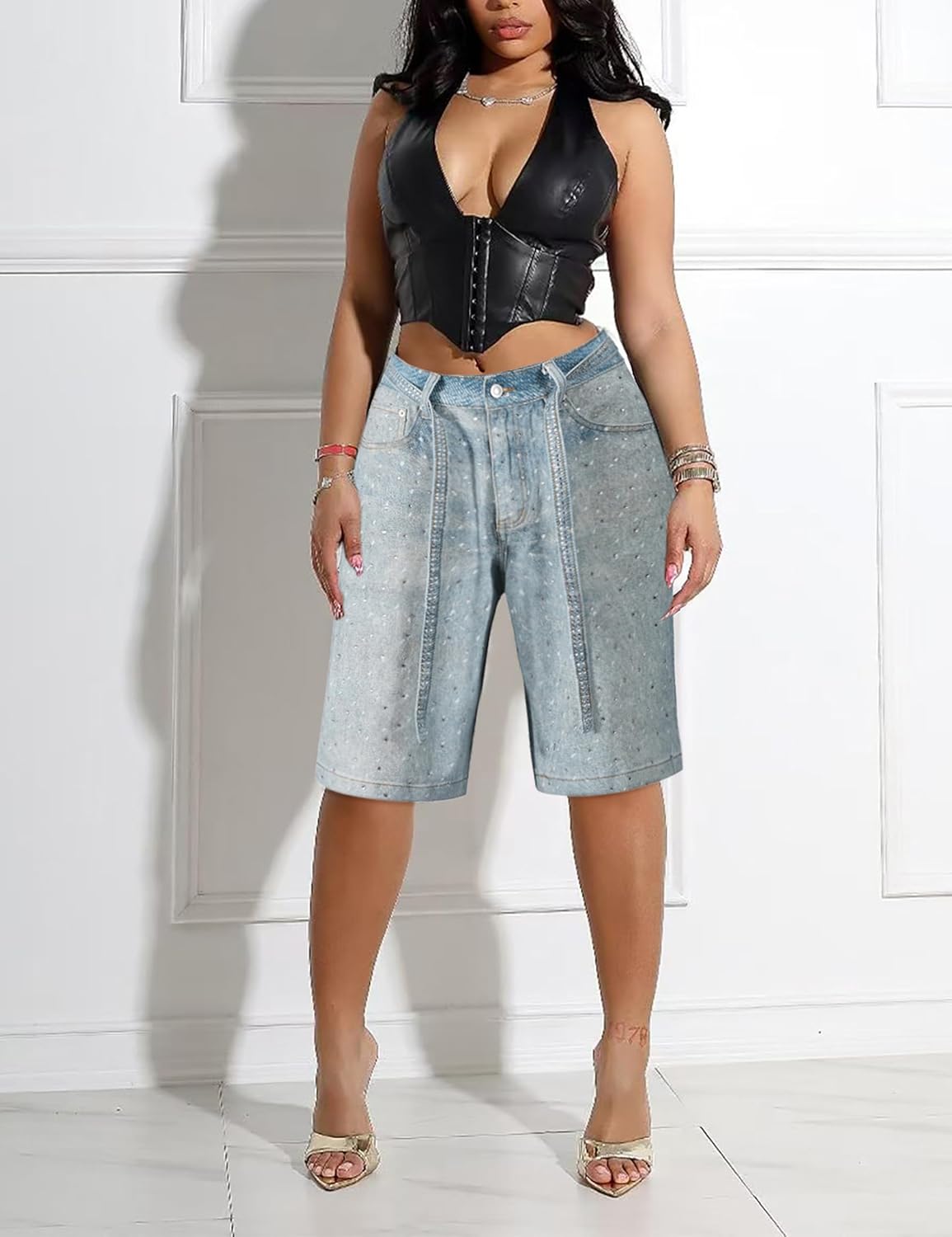 Men's Rhinestone Denim Shorts Bermuda Jorts Summer Baggy Jeans Y2k Oversized Vintage Loose Fit Knee Length Shorts - Image 2