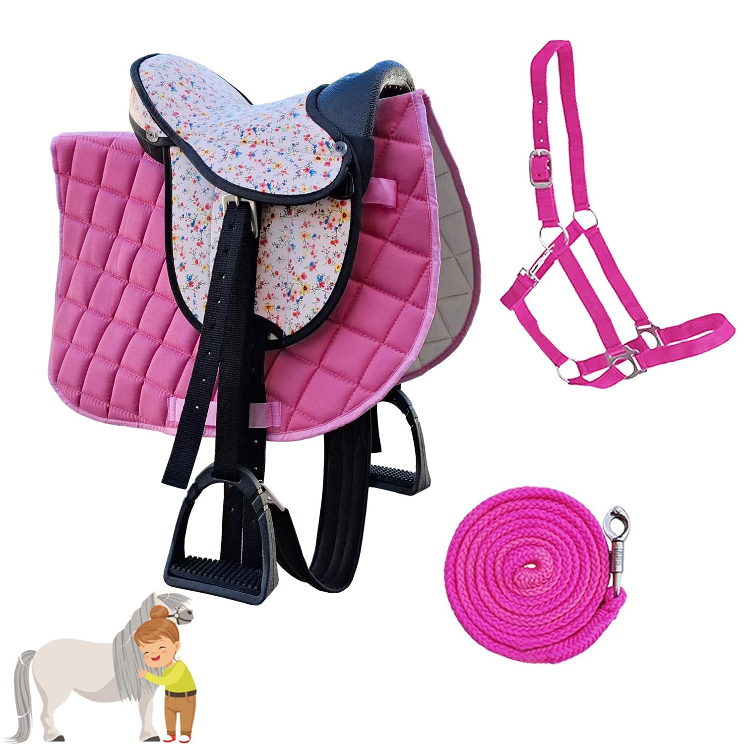 My Sweet Pony Kinder Shettysattel-Set Pink Flower Halfter Führstrick Sattel für Pony Shetty Holzpferd