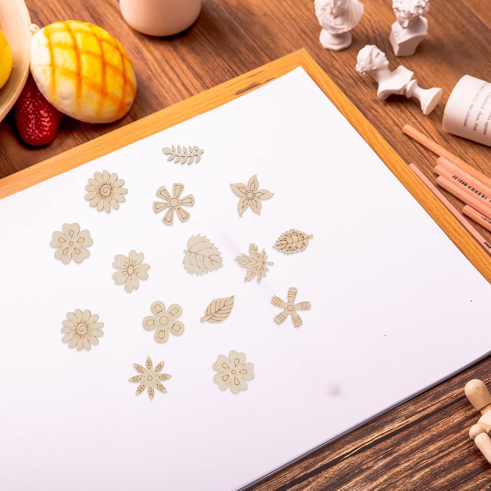 Cliths Pack of 30 Pcs DIY Wooden Flowers for Crafts, Unfinished Wood Cutouts for Painting, Fall Leaves Craft Shapes, Decorative Wooden Chips for DIY, Scrapbooking, and Home Decor 3