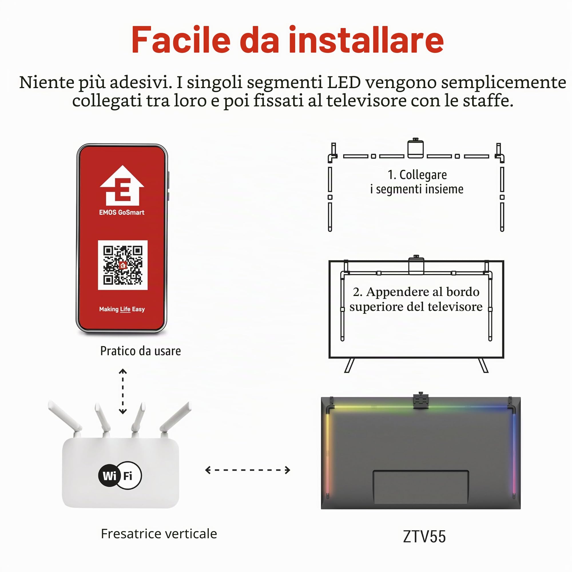 EMOS Retroilluminazione intelligente per TV da 55" (139 cm) - Tubi luminosi LED RGBIC rimovibili per TV con fotocamera - Luminosità 450 lm - Connettività WiFi, controllo tramite app
