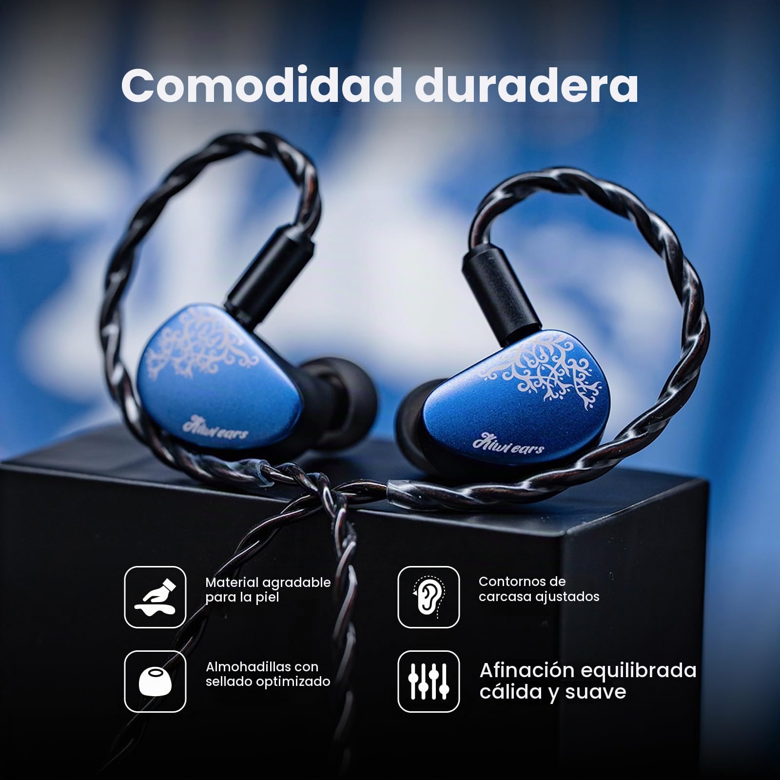 Linsoul Kiwi Ears Cadenza II In Ear Monitor con Driver de Titanio de 10mm, Auriculares IEM con Cable con KARS 2.0,Equilibrio Tonal Preciso,Placa Frontal de Aluminio CNC (3,5 mm Senza Mic, Azul)