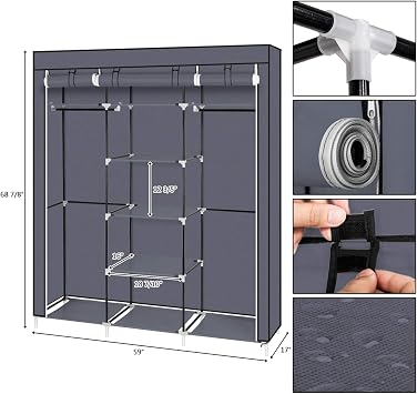 69 Portable Clothes Closet Wardrobe Storage Organizer with Shelves and Non-Woven Fabric Cover for Hanging Clothes, Easy Assembly (Grey)