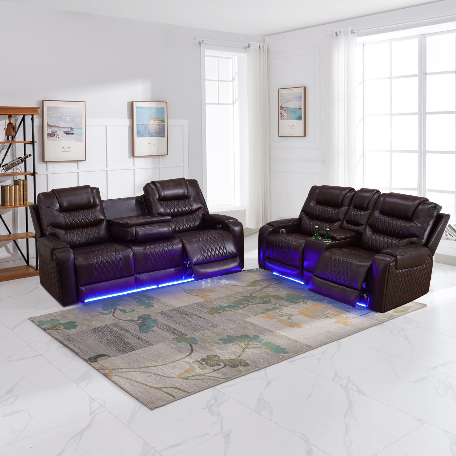 SIENWIEY Leather Power Recliner Sofa Set，Luxurious Brown Leather Power Reclining Sofa and Loveseat Set with LED Light+USB Port+Drop Down Table+Storage