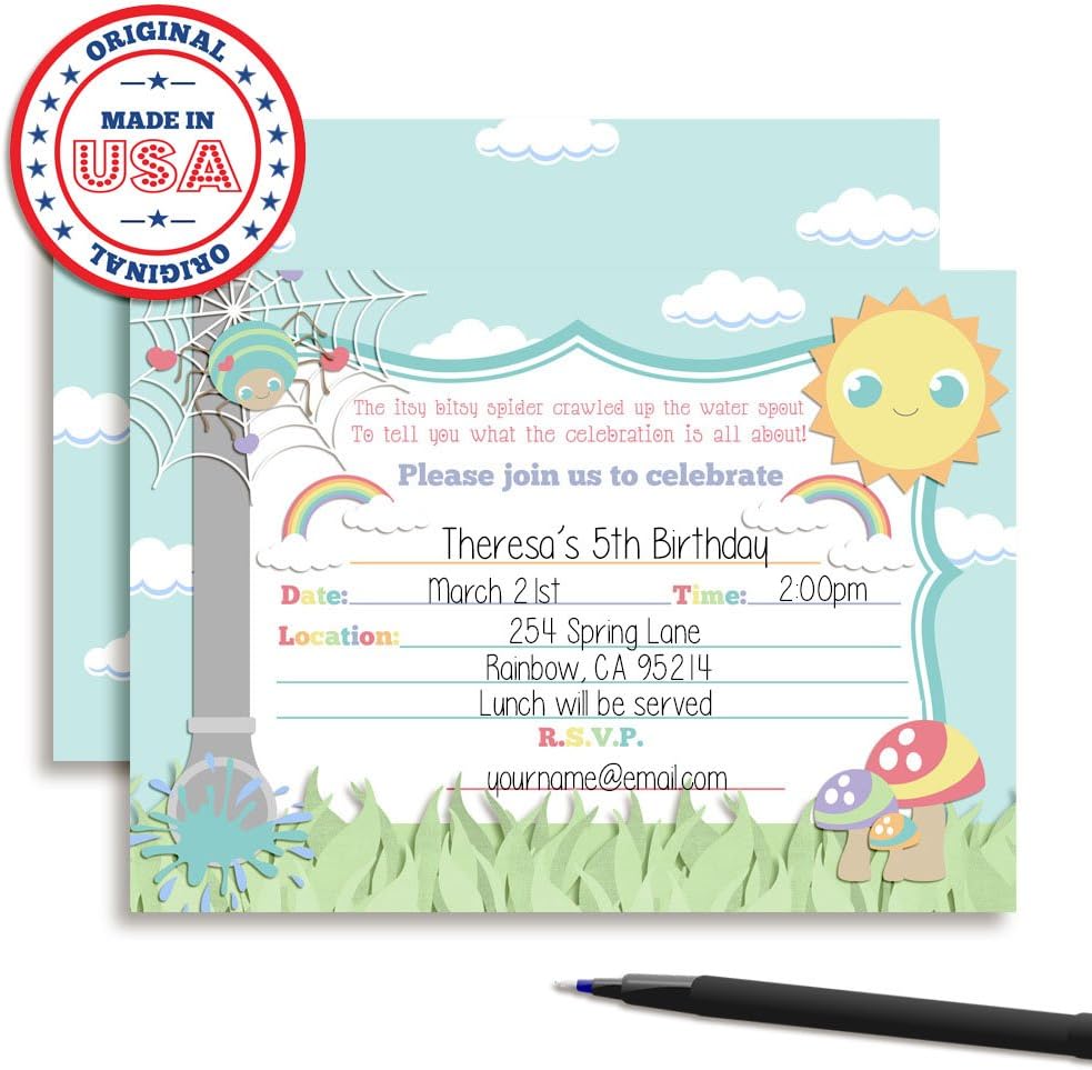 Amanda Creation Itsy Bitsy Spider Themed Birthday Party Fill In Invitations set of 20 with envelopes