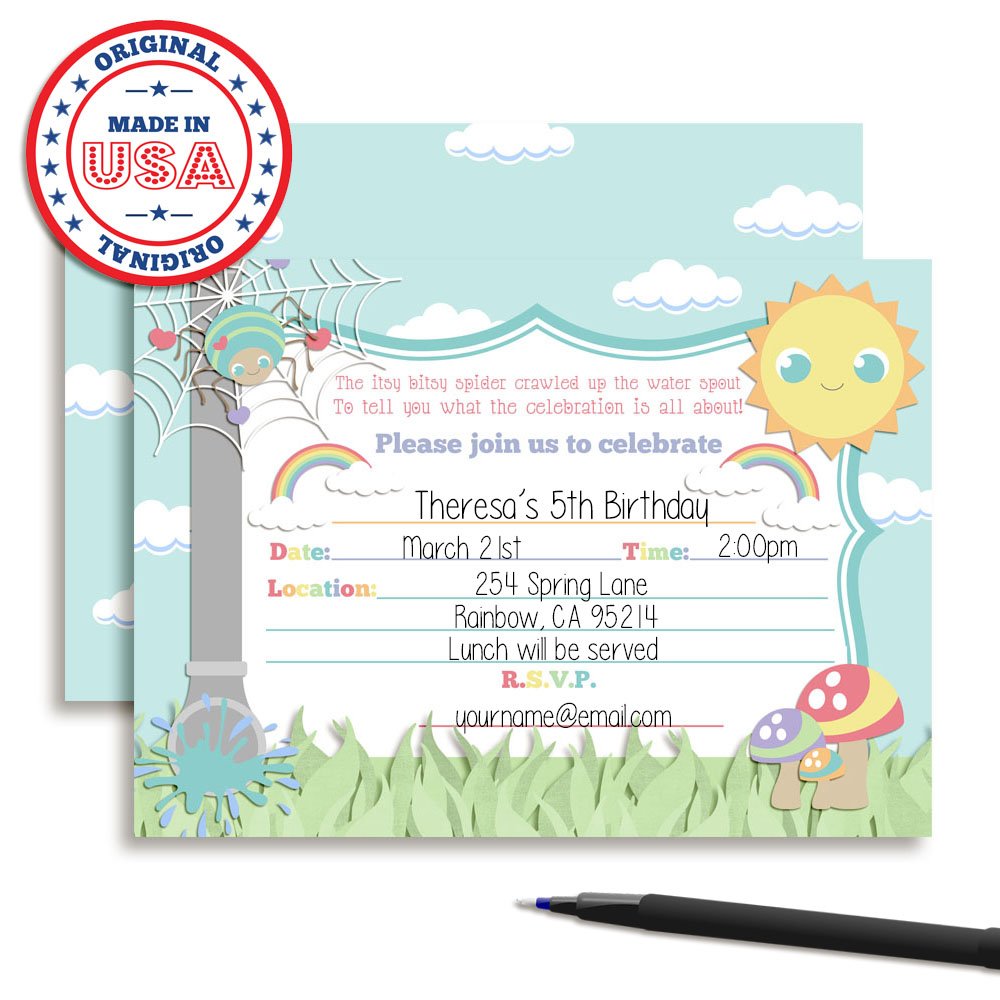 Amanda Creation Itsy Bitsy Spider tematyczne przyjęcie urodzinowe wypełnij zaproszenia zestaw 20 sztuk z kopertami