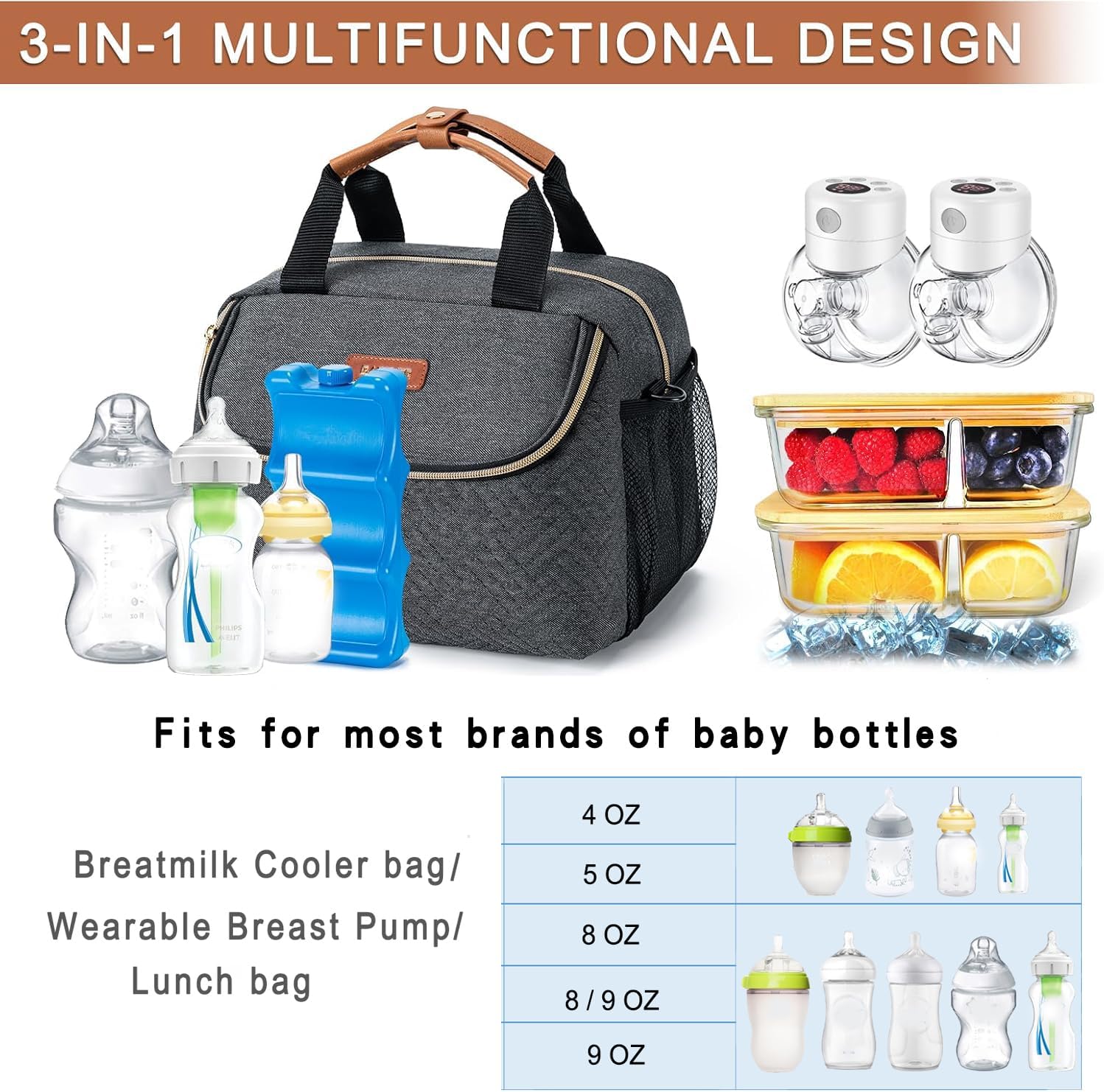 Breastmilk Cooler Bag with Ice Pack Fits 6 Baby Bottles up to 9 Ounce, Wearable Breast Pumps Cooler Bag for Nursing Mom Daycare, Work, Travel- Dark Grey