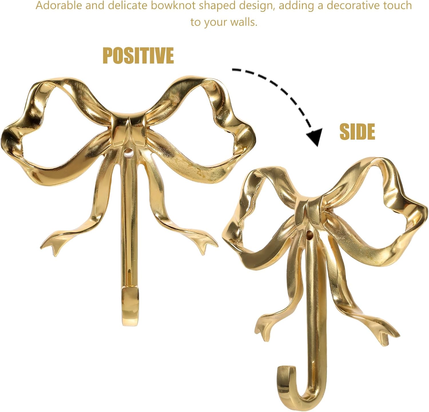 jarbins Bow Hooks for Wall Decorative Bowknot Hook Gold Coat Hooks Wall Peg Hook Bow Hanging Hooks for Home (2.63X2.52X0.59in,Gold)