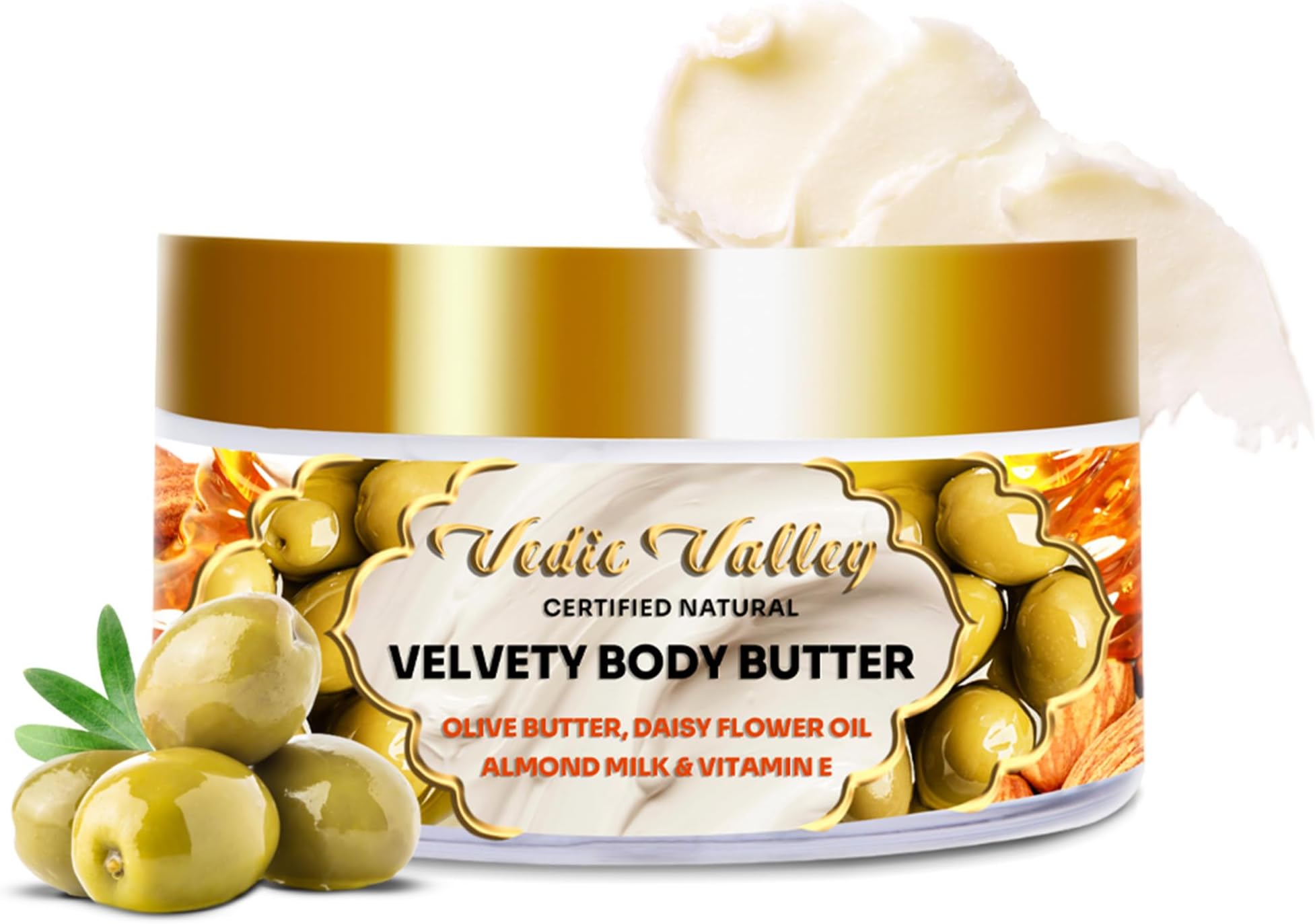 Velvety Body Butter for Women & Men with Olive Butter, Daisy Flower Oil, Almond Milk & Vitamin E | Body Butter for Dry & Dehydrated Skin with 72 hrs Hydration for Smooth & Glowing Skin