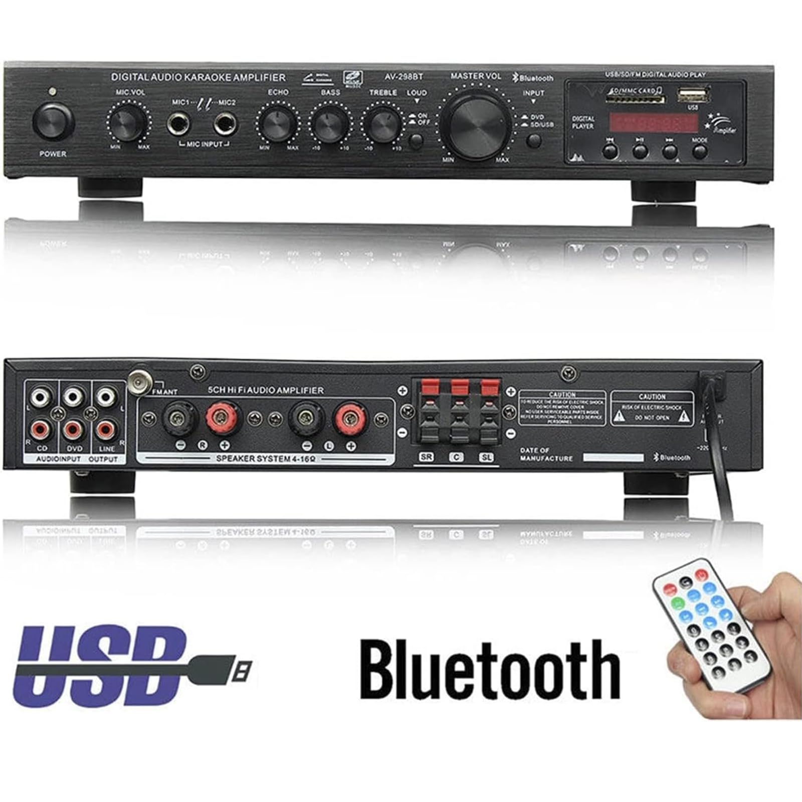 Amplificatore 5.1 Canali Suono Surround Amplificatore Bluetooth Per Sistema Hi-fi Surround Suono Led Usb Av Alimentazione 298bt Amplificatore Alta Risoluzione Player Subwoofer Per Auto Gold