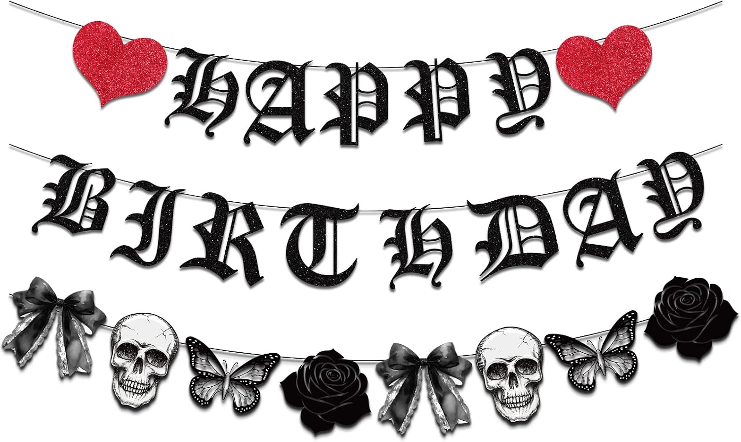 11pcs Gothic Birthday Party Decorations Banner Skull Black Bow Birthday Banner Decorations Hanging Swirls for Death wo My Twenties Rip to My 20s Emo Spooky Halloween Goth Birth day Party Supplies