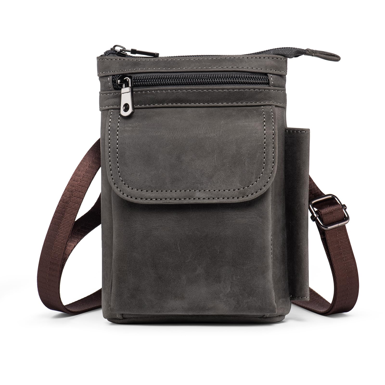 hengwinMultifunctional Genuine Leather Zip Bags Men Vintage Look Shoulder Bag Mobile Phone Belt Bag Phone Holster for Travel, Outdoor Activities (Grey)
