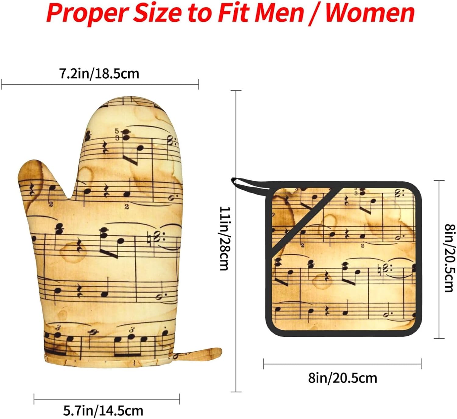 Music Note Print Oven Mitts and Pot Holders Set of 4 Heat Resistant Kitchen Gloves with Silicone Palm Hot Pads for Baking Cooking Grilling BBQ