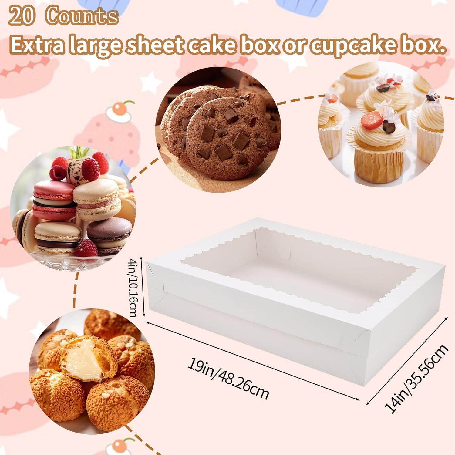 20 Sets Sheet Cake Boxes with Lids, Large 19x14x4 Inch Rectangle Quarter Sheet Cake Boxes with Window for Bakery Cakes Package
