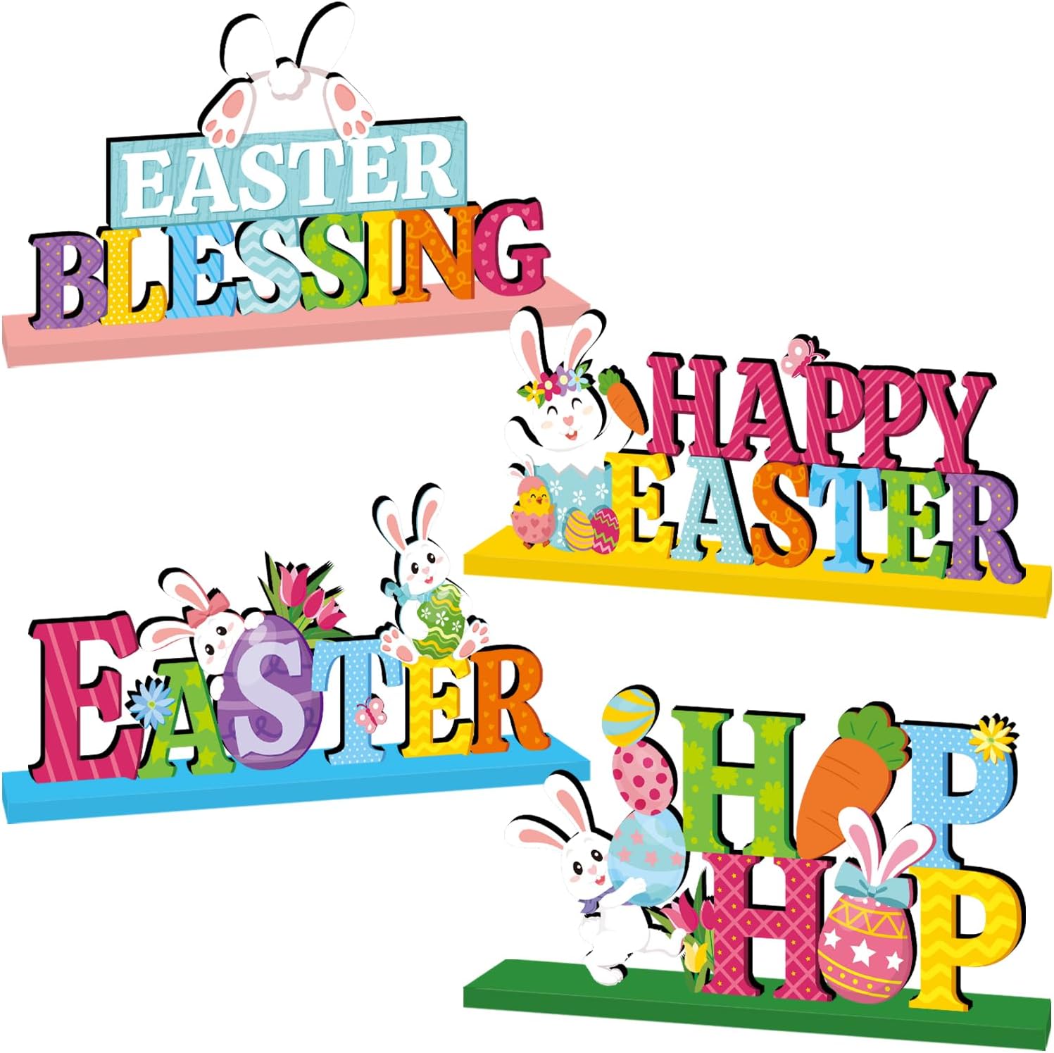 4pcs Easter Decorations for Home Wood Table Decor Happy Easter Blessing Centerpieces for Tables Decorations Cute Spring Easter Bunny Egg Style Tabletopper for Office