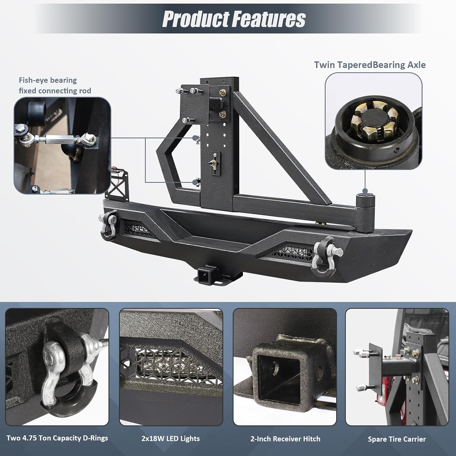 Full Width Front Bumper & Rear Bumper w/Spare Tire Carrier Compatible with 2007-2018 Jeep Wrangler JK JKU Unlimited 2/4 Doors, Rock Crawler Bumpers w/Winch Plate & Hitch Receiver & LED Lights&D-Rings