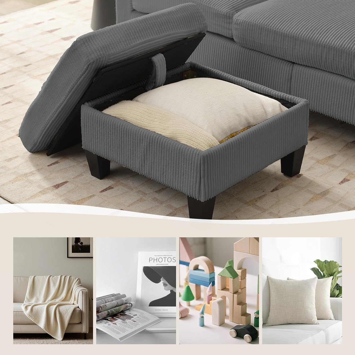 2 Pieces Sofa Sets-L Shaped Sofa and Loveseat, Corduroy Fabric 3 Seater Sofa with Ottoman and Love Seat Sets, Modern L Shaped Couch + 2-Seat Sofa Sets for Living Room, Dark Grey
