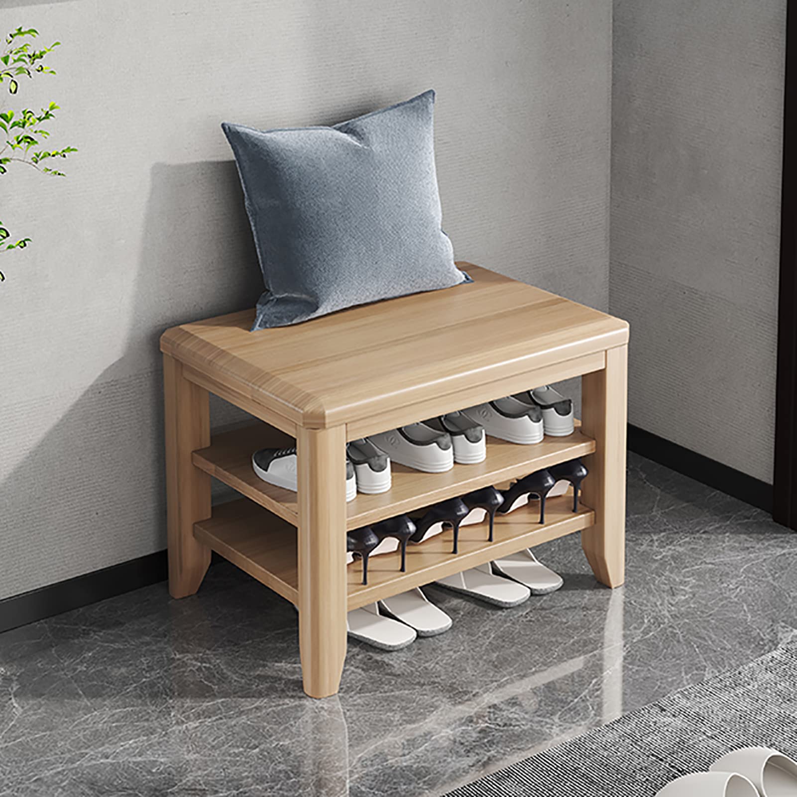 Banc étagère à chaussures en bois massif pour simplifier l'entrée de maison