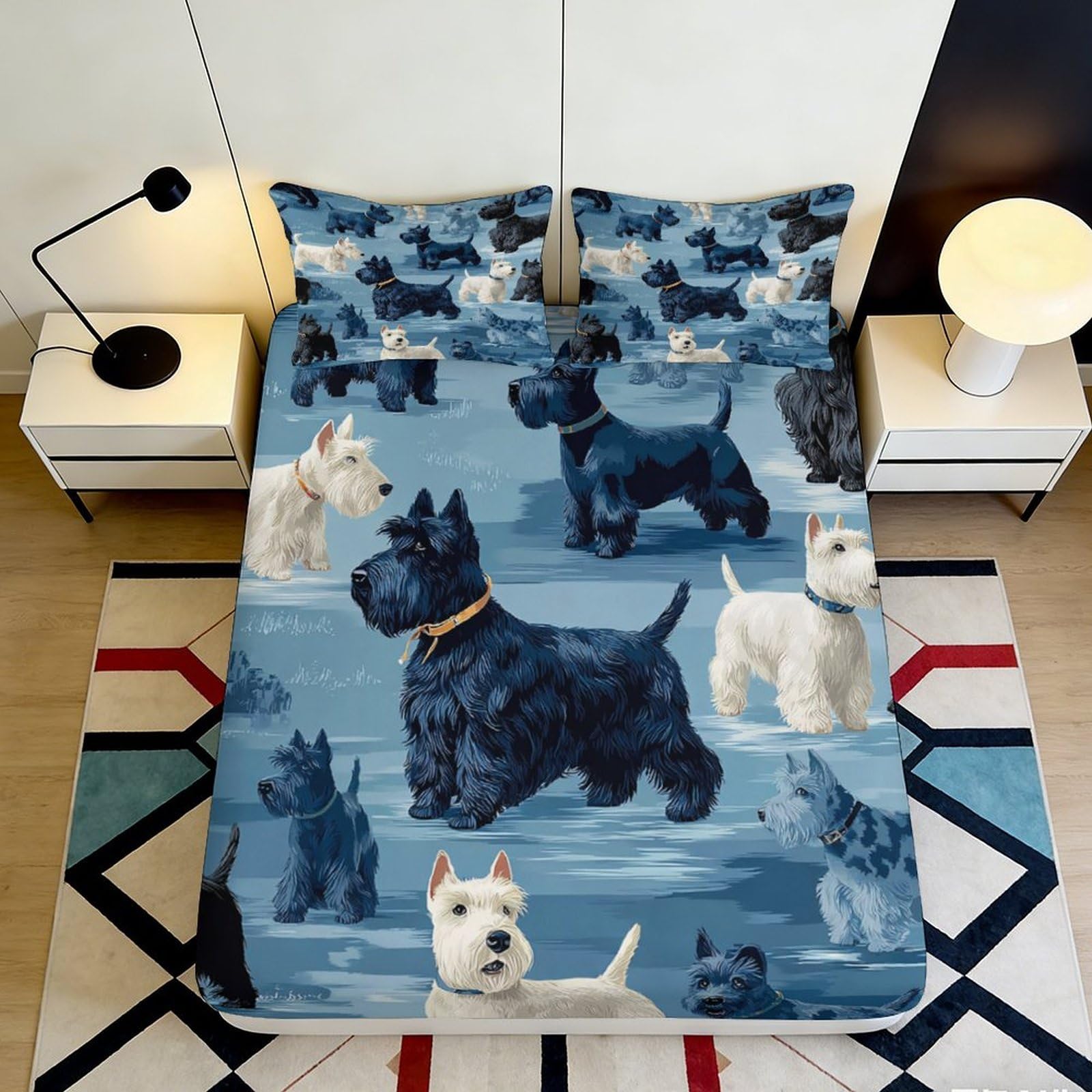 3D Printed Scottish Terrier Dog Pattern Fitted Sheet Microfiber Soft Mattress Cover for Bedroom Guestroom Dorm Decor, Anti-Slip, Easy Care 90x200x25cm