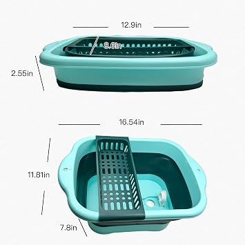 Collapsible Dish Basin,11.5L(3 Gallon) Collapsible Dish Tub with Drain Plug,Space Saving Multi-Purpose Vegetable Washing Basket,Portable Sink for Kitchen,RV(Green)