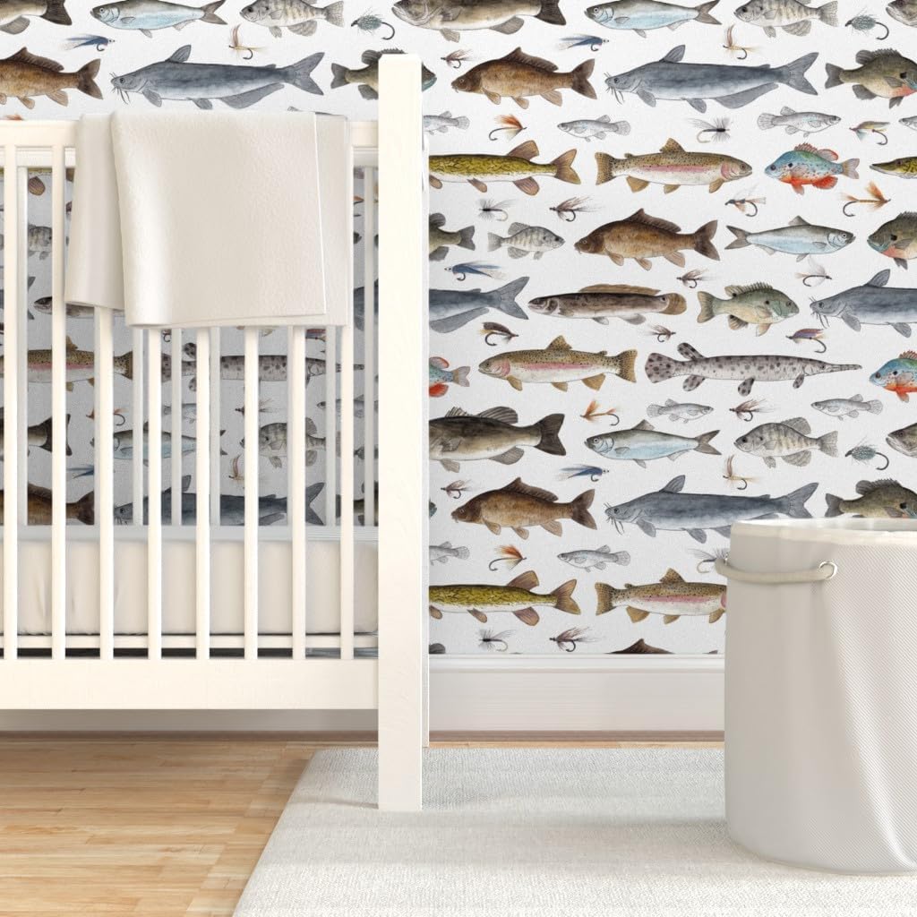 Peel & Stick Wallpaper 3ft x 2ft - Multicolor Fish Fishing Salmon Cabin Trout Fisherman Lures Sunfish Tackle Crappie Flies Fly Stream Custom Removable Wallpaper by Spoonflower