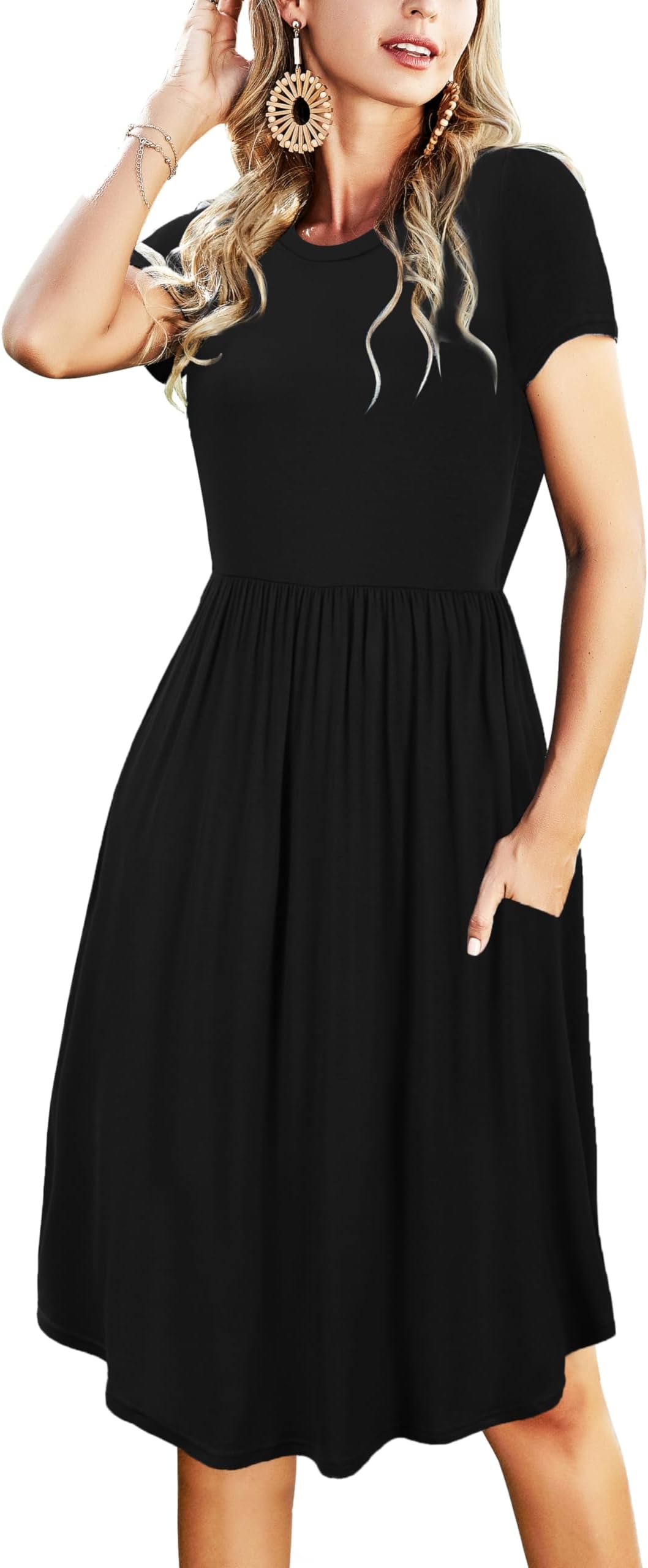 Womens Summer Modest Work Casual Midi Knee Dress Pocket Short Sleeve Teacher Outfits Spring Travel Clothes