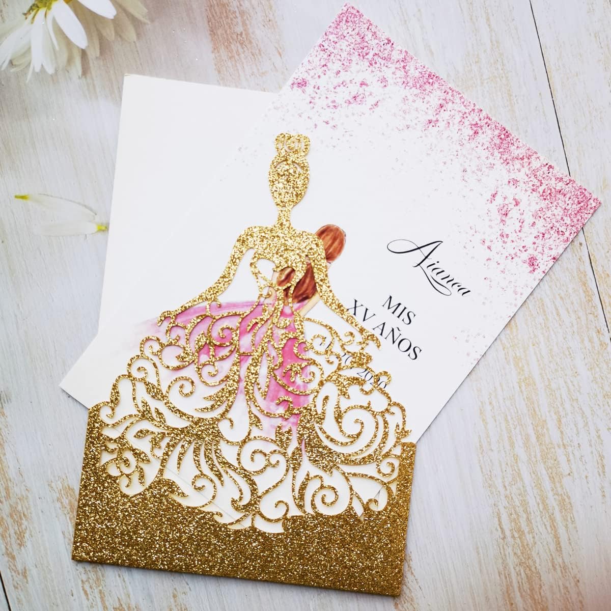 50PCS Gold Laser Cut Wedding Invitations Cards For Birthday Sweet 15 Quinceañera Party Invites Wedding Bridal Shower Engagement (Gold Glitter)