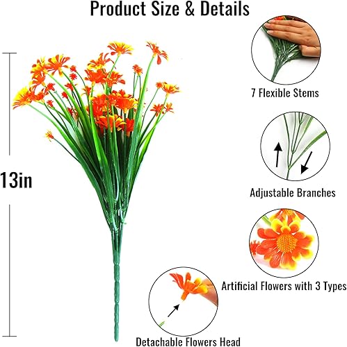 Miniatura 2 de KIMOBER 8 paquetes de flores artificiales de margaritas, arbustos de vegetación falsos de plástico para interiores y exteriores, decoración del