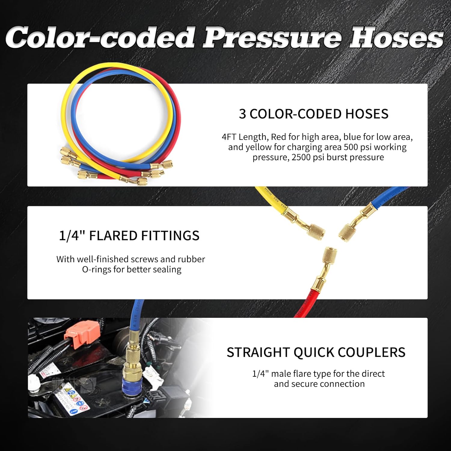 PB Motor Tech AC Diagnostic Manifold Gauge Set for R134A, R12, R22, R502 Refrigerants, Includes 4FT Three-Color Hoses and 2 Quick Couplers - Automotive & Household AC Maintenance