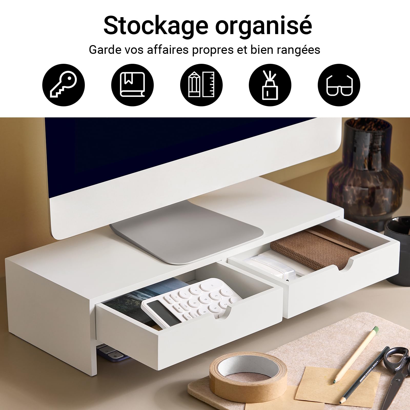 SoBuy Support Écran PC Rehausseur Bureau 2 Tiroirs Rangement Moniteur Universel Ordinateur Portable Blanc 47x18x11cm BBF02-W