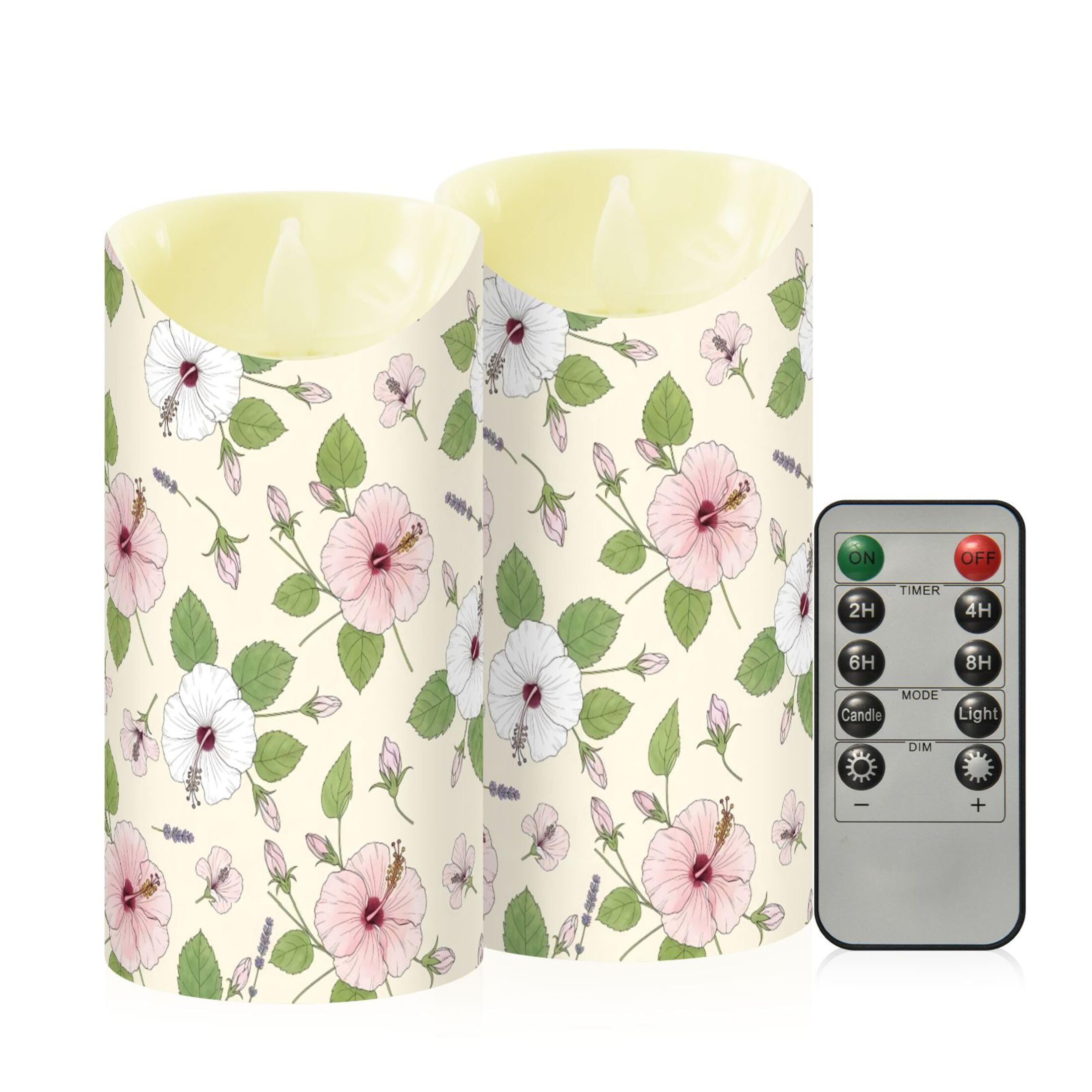 Fuauuyl Hibiscus LED Flameless Candles Flickering Plastic Pillar Candles Battery Operated Votive Candle with Remote Control and Timer, Home Decoration 2 Pack