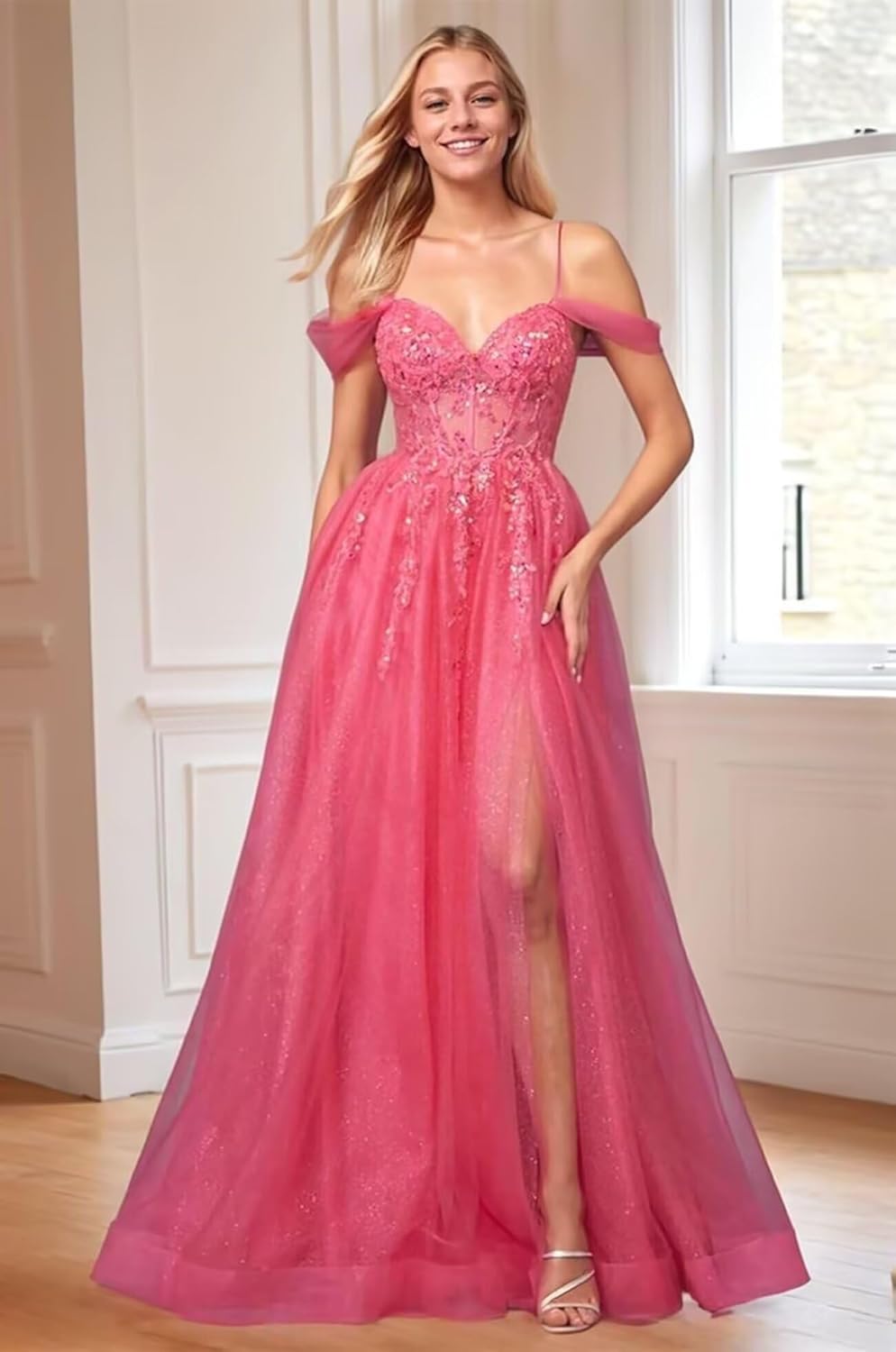 Lace Glitter Tulle Prom Dresses with Slit Long Ball Gown A-line Formal Evening Wedding Party Gown with Pockets