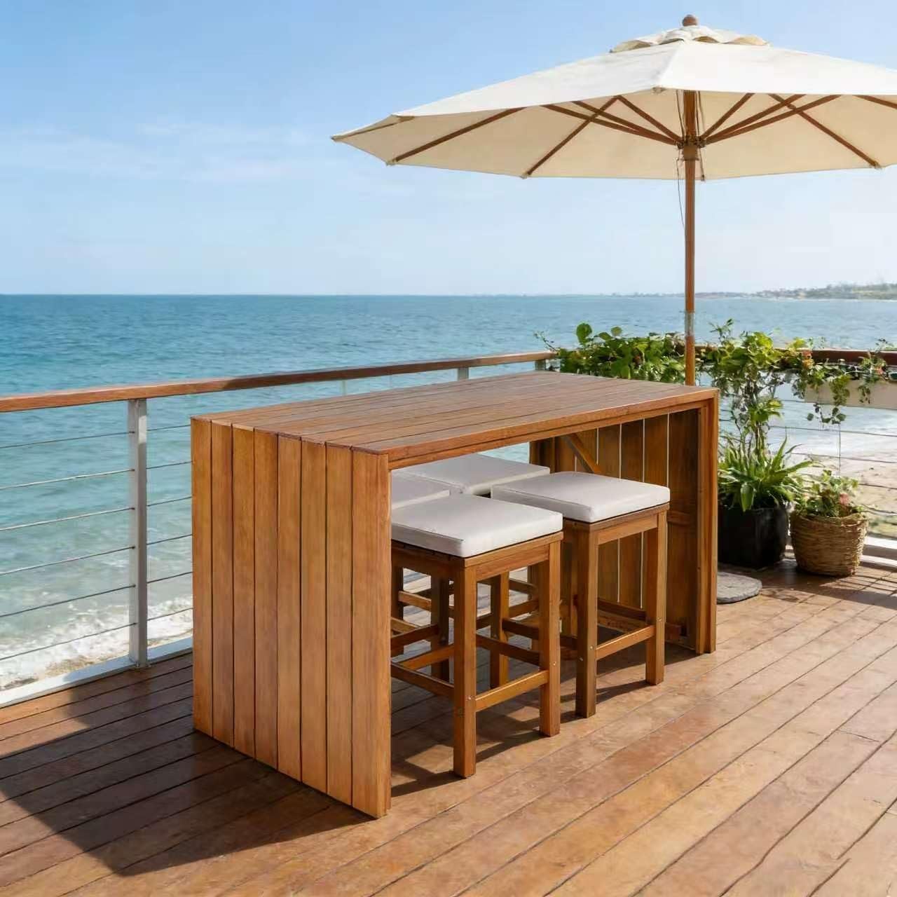 Outdoor Bar Set 5 Piece, Acacia Wood Bar Height Table & 4 Stools with Cushions, Weatherproof Patio Furniture for Backyard, Poolside & Deck Entertaining