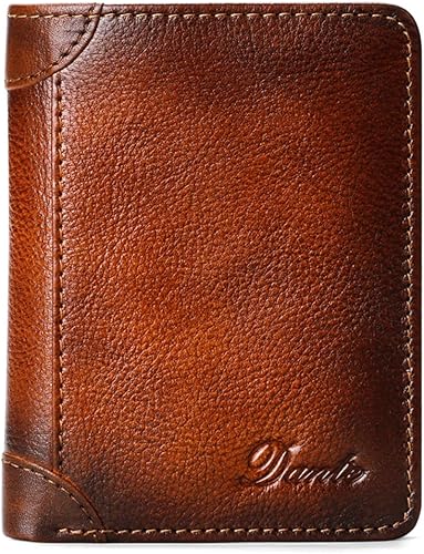 Miniatura 2 de Cartera de cuero genuino para hombre, con bloqueo RFID, plegable, con cremallera, bolsillo para monedas, multitarjetero, color marrón, Marrón, Retro