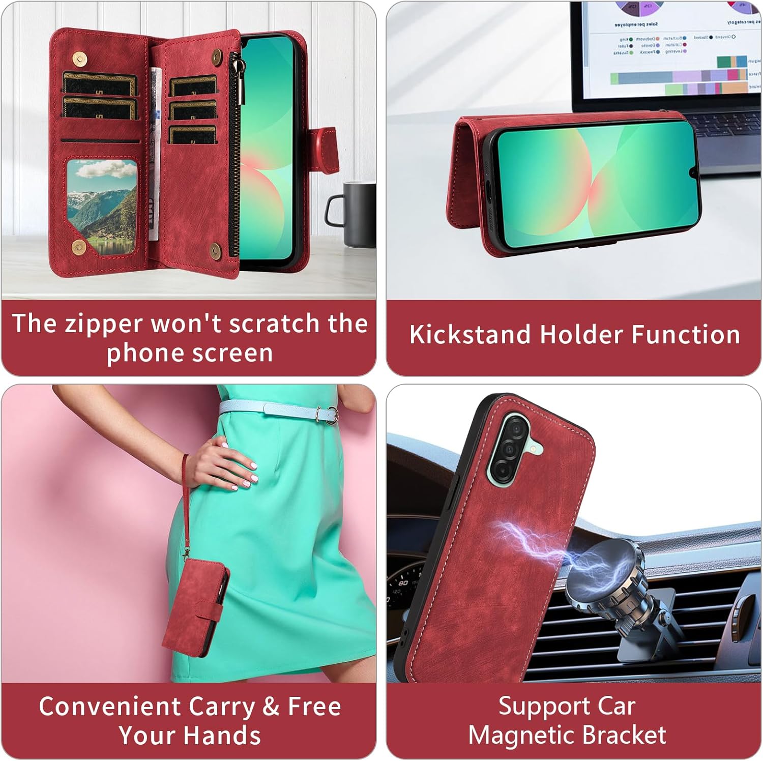 Phone Case for Samsung Galaxy A36 5G Zipper Wallet Magnetic Detachable Cell Cover with Tempered Glass Screen Protector Crossbody Lanyard Strap Flip Card Holder Slot A 36 36A LTE SM-A366U Women Red
