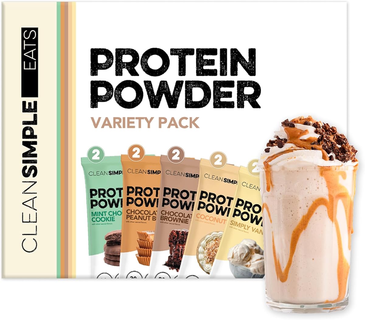 Clean Simple Eats Whey Protein Powder, Variety Pack, Naturally Sweetened Flavors, 100% Grass Fed Protein Powder with Digestive Enzymes & No Artificial Ingredients, Gluten Free, 10 Single Serve Packs