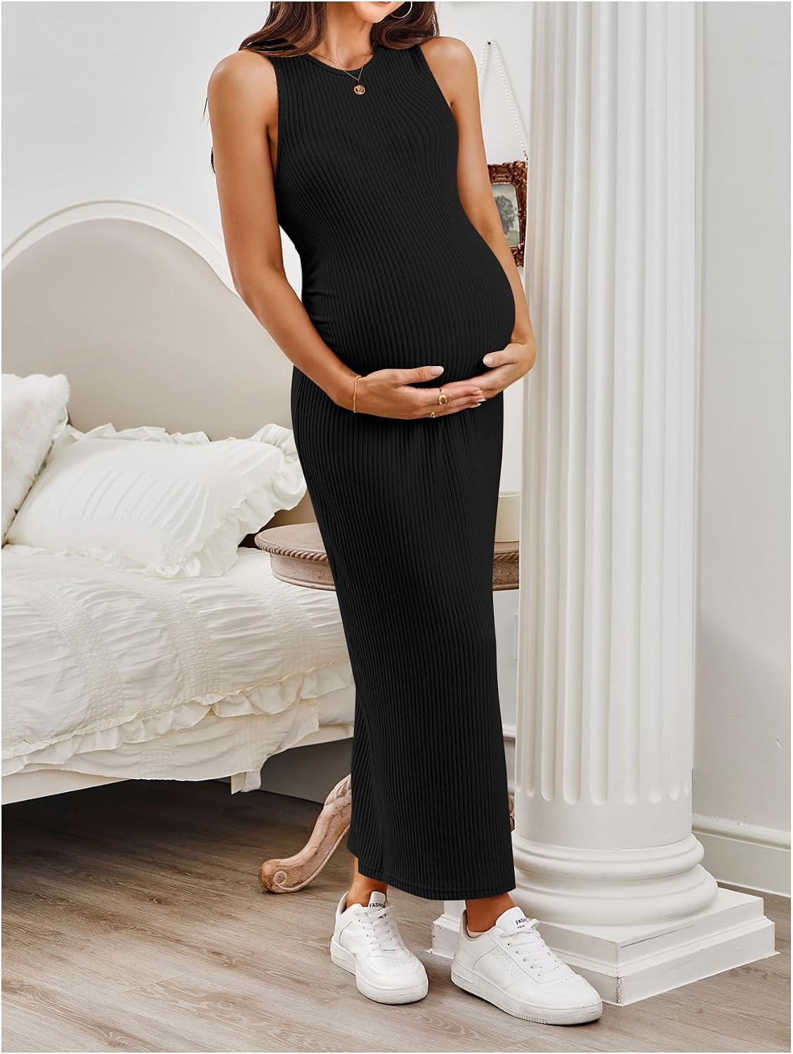 MakeMeChic Women's Maternity Dress Summer Sleeveless Crew Neck Tank Maxi Dress Casual Bodycon Sundress