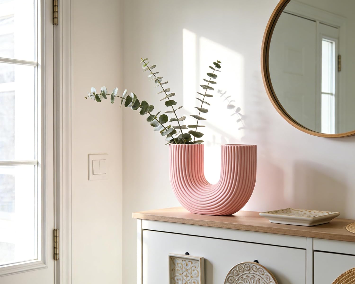 Pink Ceramic Vase Decor, U-Shaped Stripes Vase, Modern Decorative Vase,Ideal Gift for Birthdays and Special Occasions - Image 4