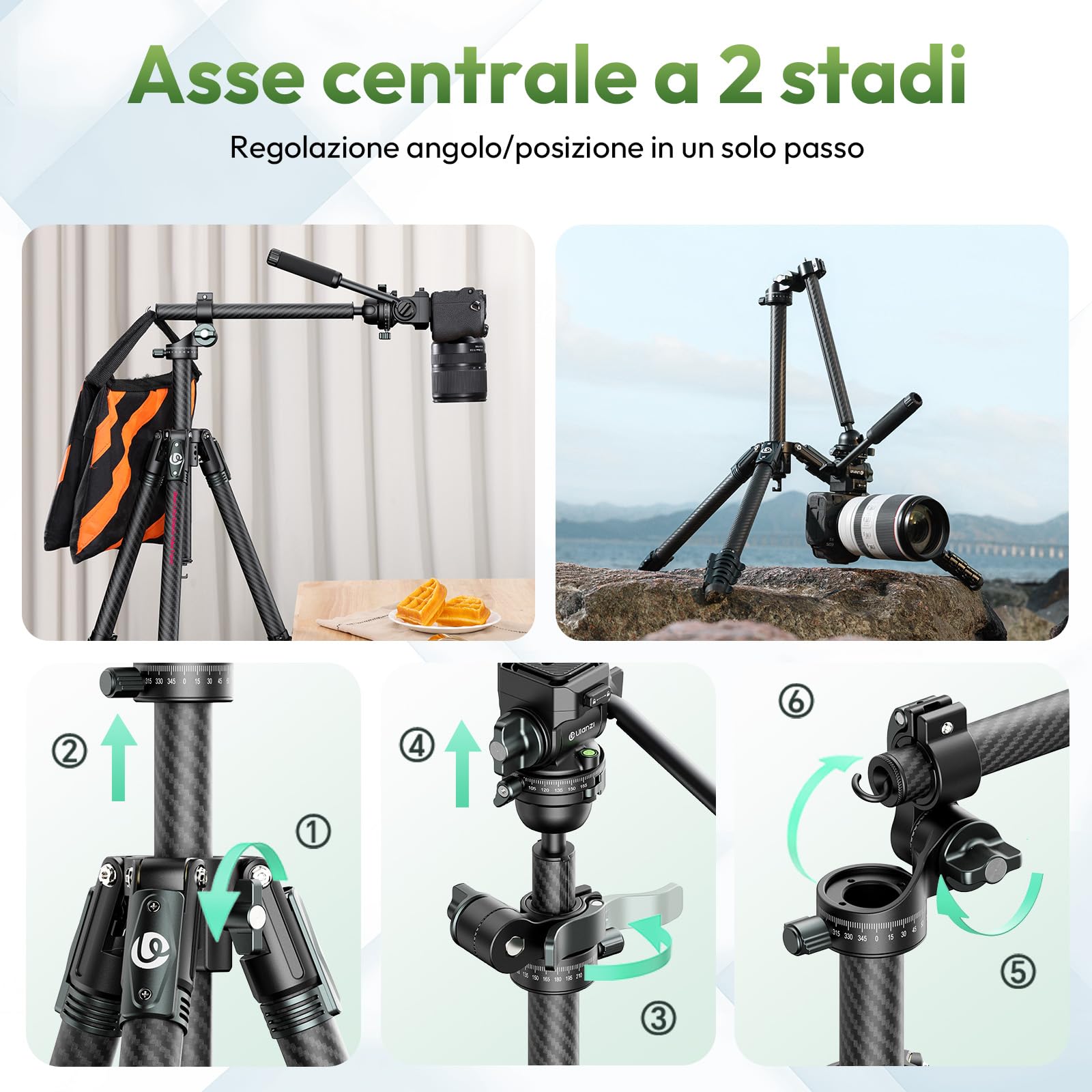Ulanzi JJ06 GlideGo Treppiede da viaggio in Fibra di Carbonio, Pan&-50°/+60° Tilt Pan, Pesa 1.76kg, Portata 18kg, Altezza 187cm, Uka quick release, Compatto cavalletto fotografico per DSLR/Mirrorless