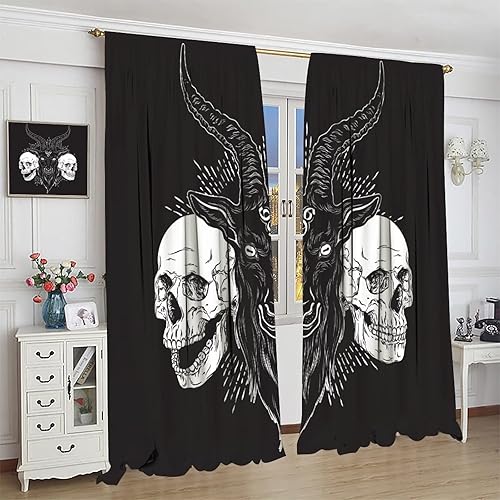 Vista 318 de Cortinas de cabeza de cabra, misteriosa cabeza de cabra malvada, calavera negra, bolsillo para barra, cortinas opacas para ventana, juego de 2