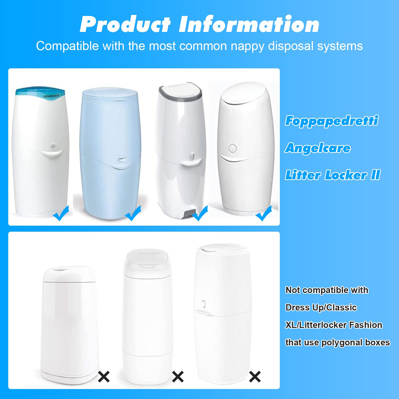 12 cartuchos de recambio para cubos de pañales, 11 bolsas + 1 casete, compatible con Angelcare & Litter Locker II (modelos redondos), incluye bolsa de 4,5 m, 7 capas y bloqueador de olores