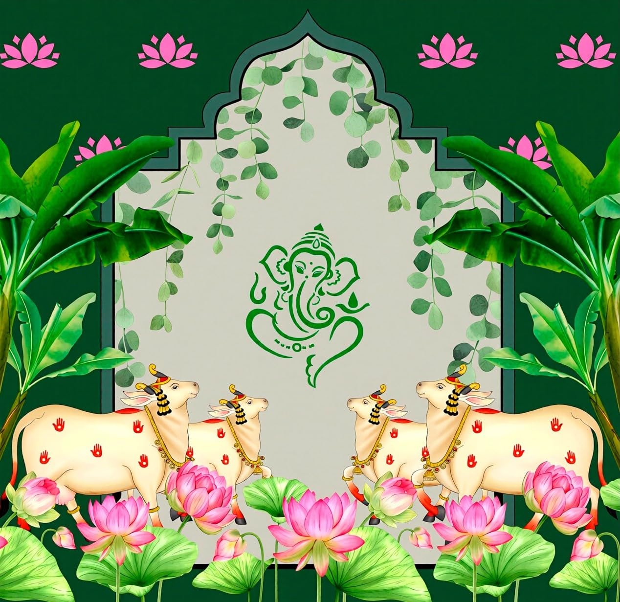 varalakshmi vratham Backdrop | Divine Ganesha & Kamadhenu Pichwai Green Festive Backdrop Cloth 5x5 Feet | Traditional backdrops Decoration Cloth | Pooja Decoration backdrops-image-41