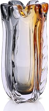 Blown Amber Gray Glass Vase, 11.7 Inch-Art Wide Mouth Glass Vase for Living Room Centerpiece Decor, Coffee Table, Fireplace Mantel, Floral Arrangement & Home Accents Amber, L