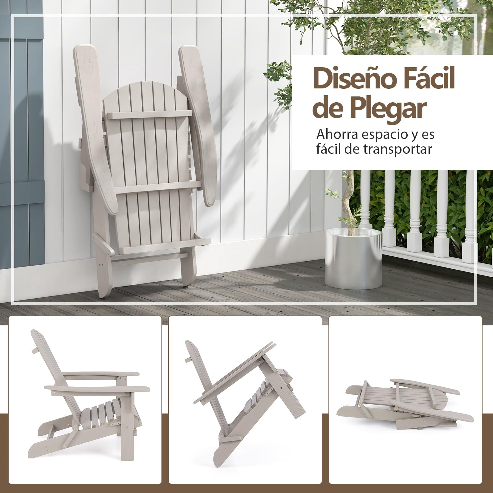 COSTWAY 1/2 Sillas de Jardin Adirondack Plegable, Silla Tumbona Madera Abeto, Respaldo Alto y Reposabrazos Anchos, Sillón Adirondack Jardin Terraza Balcon, 89 x 71 x 94 cm, Max180kg (2, Gris, m)