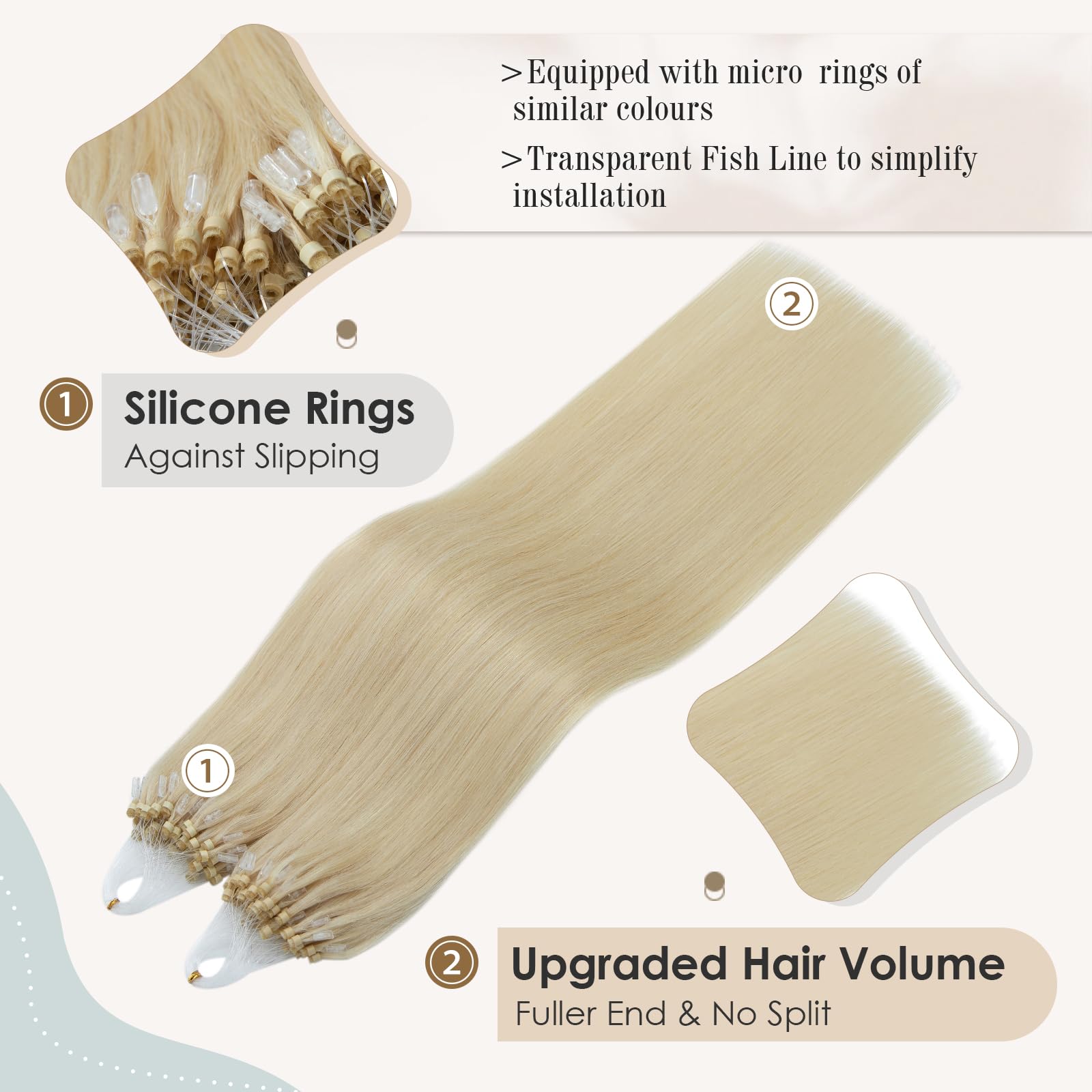 Elailite Micro Loop Hair Extensions Real Human Hair 1g/s 50 Strands 50g With Micro Ring Beads Remy Hair Straight (#60 Platinum Blonde - Image 3