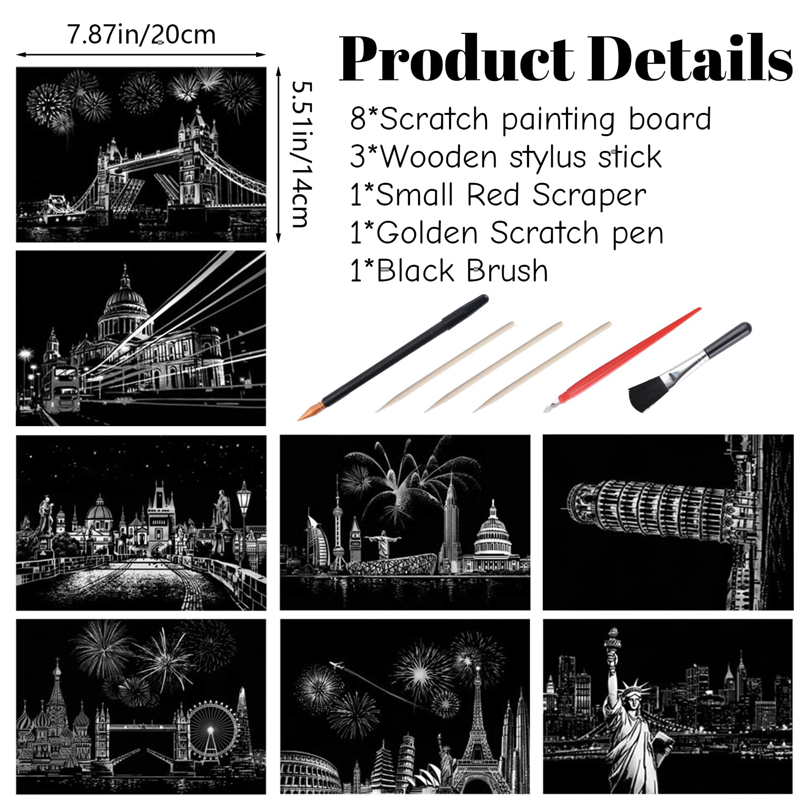 URROMA 8pcs Scratch Painting Rainbow Paper Set Rainbow Painting Scratch Off Doodle Paper Scratch Paper Arts Kits with Tools Landscape Scratchboard - Image 2