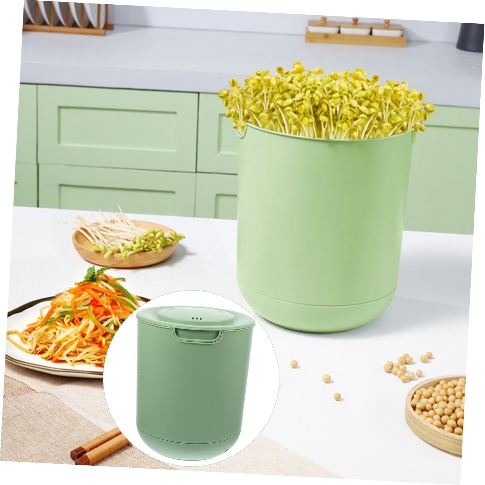 Germinador de Brotes de Soja, 1 Juego, PP, Verde Claro | Plantación de Bean Sprout y Vegetable, Ligero, Base Antideslizante, sin Rebabas, Funciones Prácticas