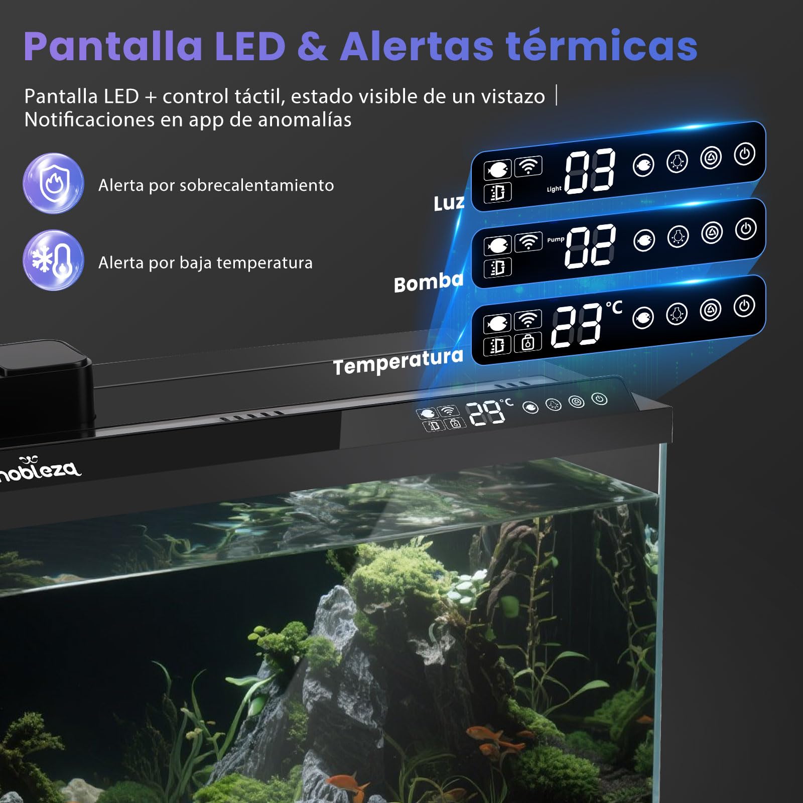 Nobleza Acuario Inteligente 30L - Control por App - Pecera Inteligente con Triple Filtración, Alimentación Remota, Drenaje Automático en 1 Toque - Color Negro