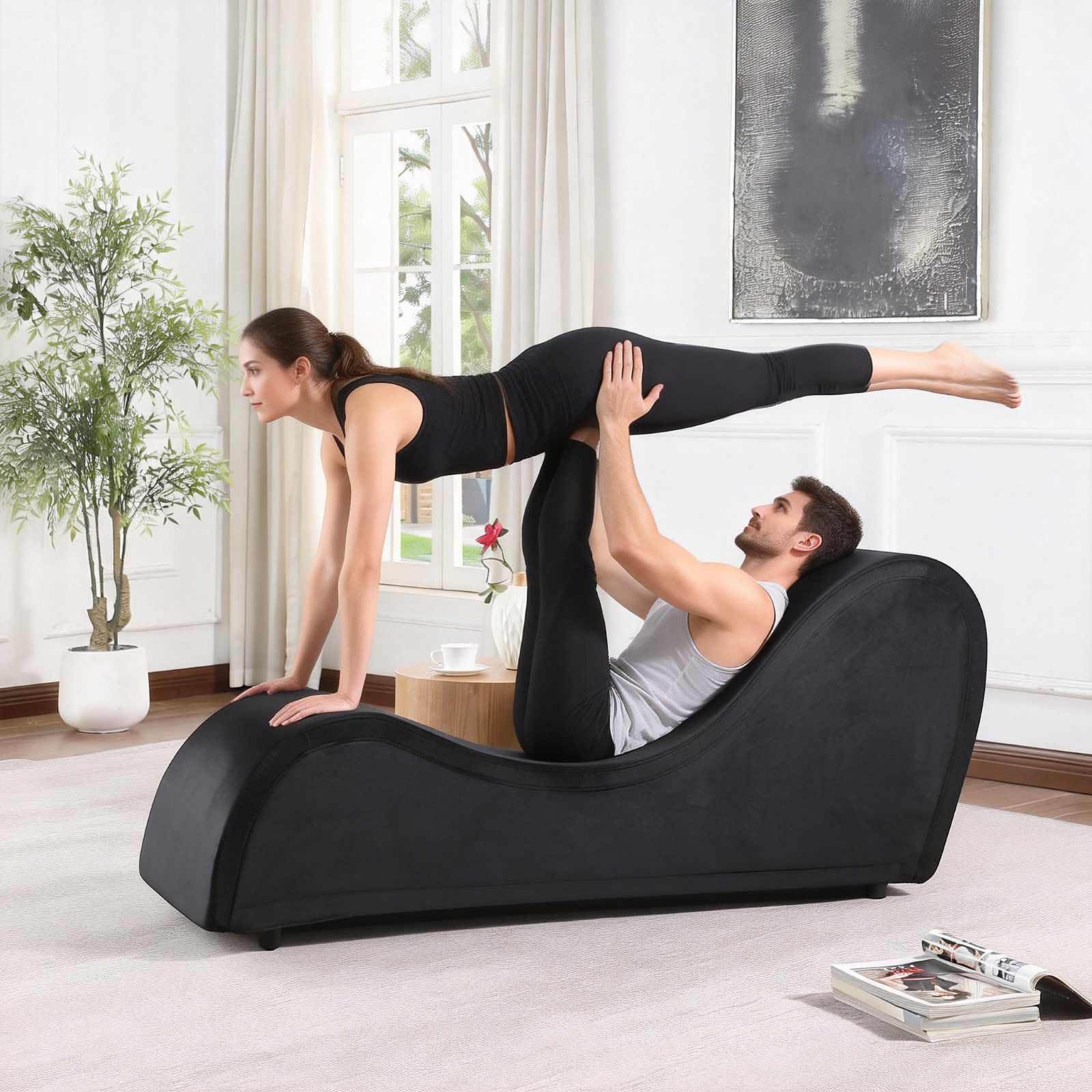 Chaise Lounge Chair with Cover, Heavy-Duty Metal Frame for Exercise, Stretching, Relaxation, Indoor Sport for Living Room(Grey Velvet): Black