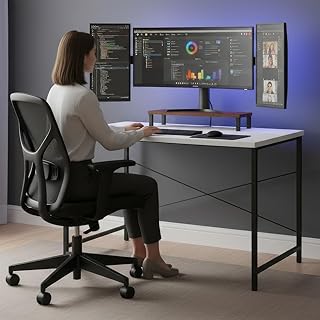 FURLAY Home Office Computer Desk with Monitor Shelf, Modern Writing Desk with Wood Top &amp; Metal Frame, Small Study Table Wo...